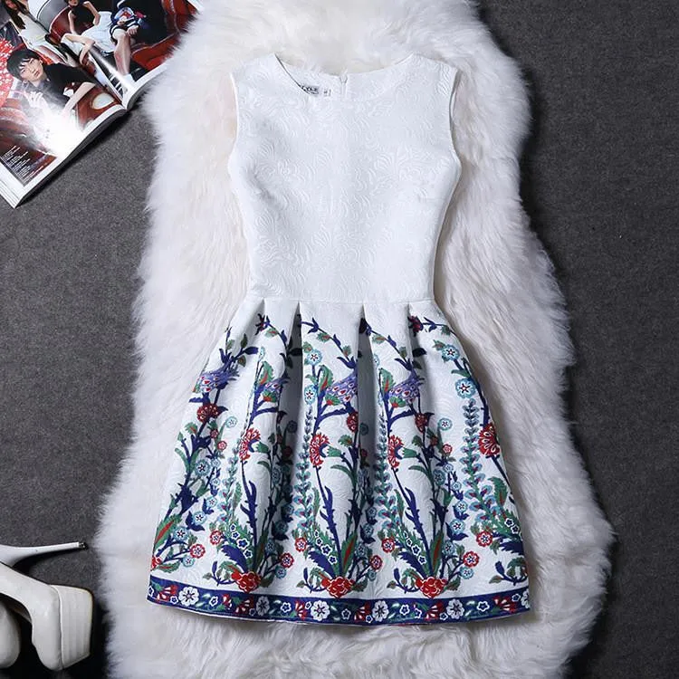 Women Print Floral Vest Dress Sleeveless A Line Party Fashion Dresses Vestido De Festa
