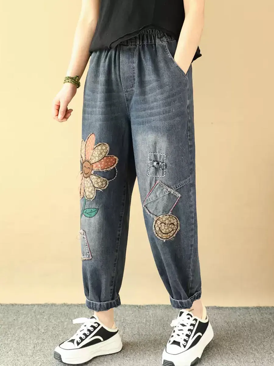 Women Retro Flower Patchwork Denim Harem Pants