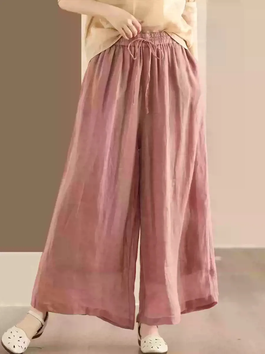 Women Retro Linen Loose Solid Color Wide Leg Lace-Up Pants