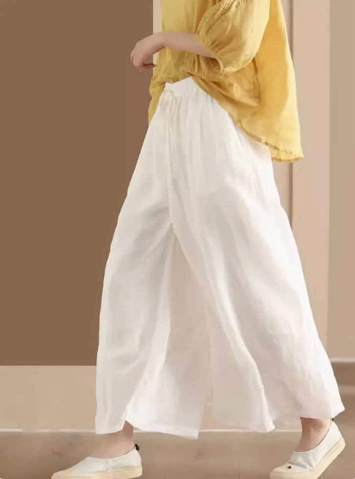 Women Retro Linen Loose Solid Color Wide Leg Lace-Up Pants