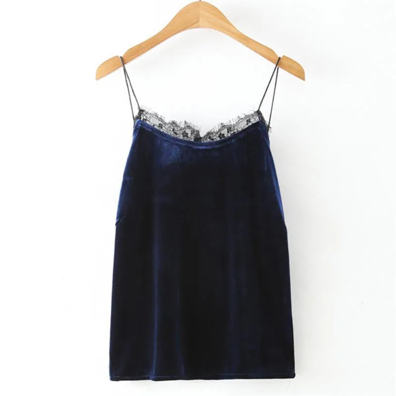 Women Sleeveless Tanks velvet Lace Patchwork Black Vest Fashion Casual Women's Cotton Tank Tops