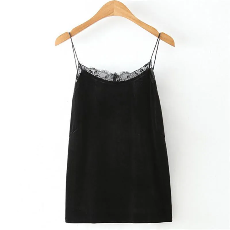 Women Sleeveless Tanks velvet Lace Patchwork Black Vest Fashion Casual Women's Cotton Tank Tops