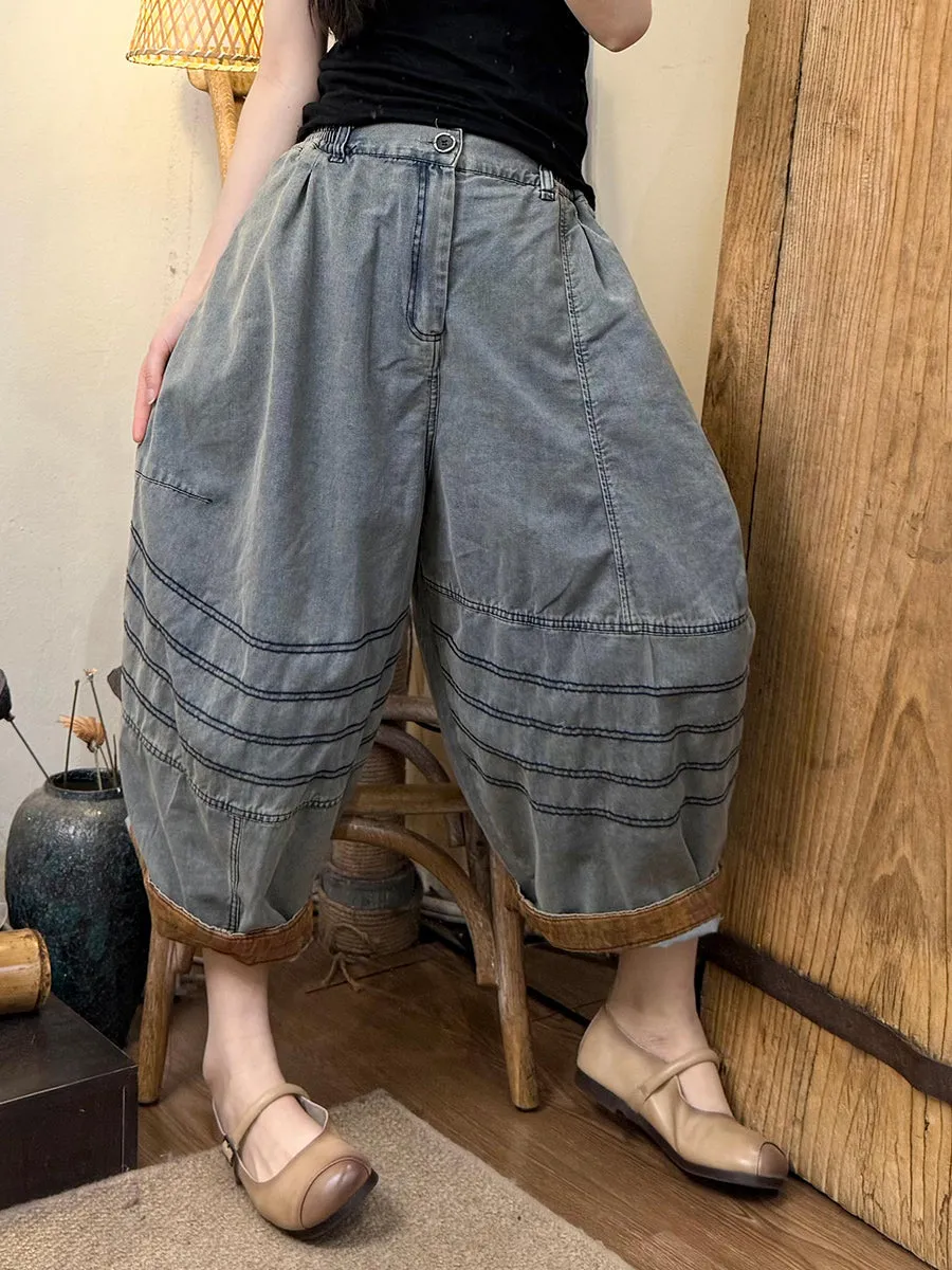 Women Summer Retro Stripe Denim Wide-leg Pants