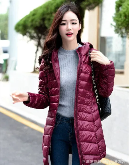 Women Ultra Light Down Jacket Hooded Coat Long Jacket Women Brief Down Jacket Female Jackets With Carry Bag