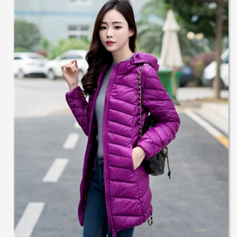 Women Ultra Light Down Jacket Hooded Coat Long Jacket Women Brief Down Jacket Female Jackets With Carry Bag