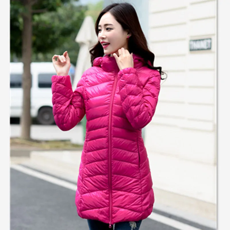 Women Ultra Light Down Jacket Hooded Coat Long Jacket Women Brief Down Jacket Female Jackets With Carry Bag