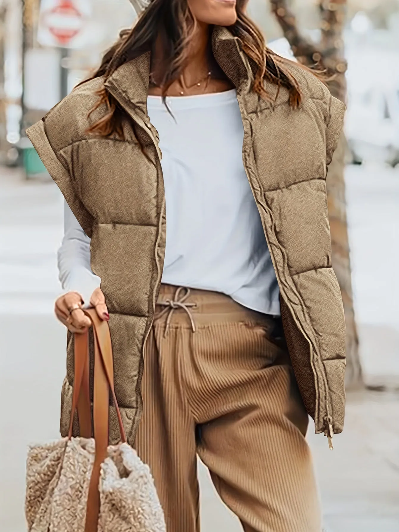 Womens Lightweight Fall Puffer Vest with Stand Collar