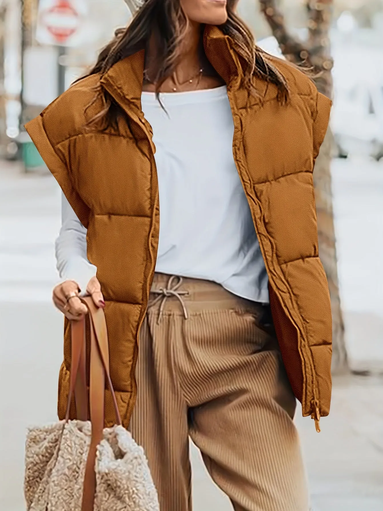 Womens Lightweight Fall Puffer Vest with Stand Collar