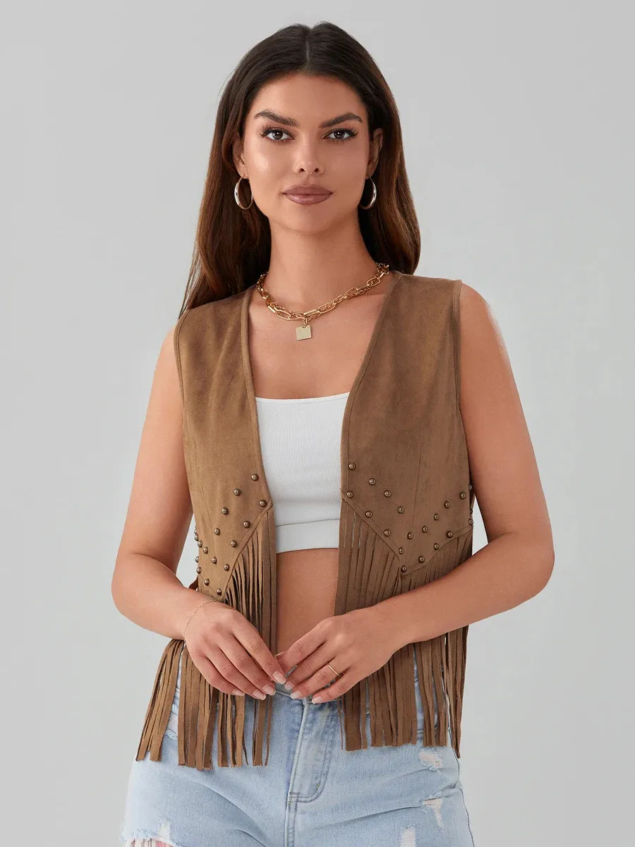 Women's Vintage Fringe Trim Open Front Vest Coat Sleeveless Cardigan Studded Tassel Jacket 70s Retro Y2k Tank Tops