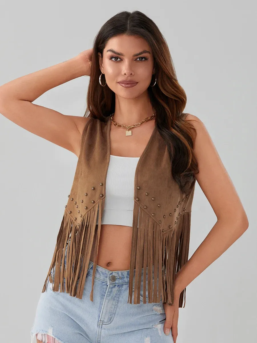 Women's Vintage Fringe Trim Open Front Vest Coat Sleeveless Cardigan Studded Tassel Jacket 70s Retro Y2k Tank Tops