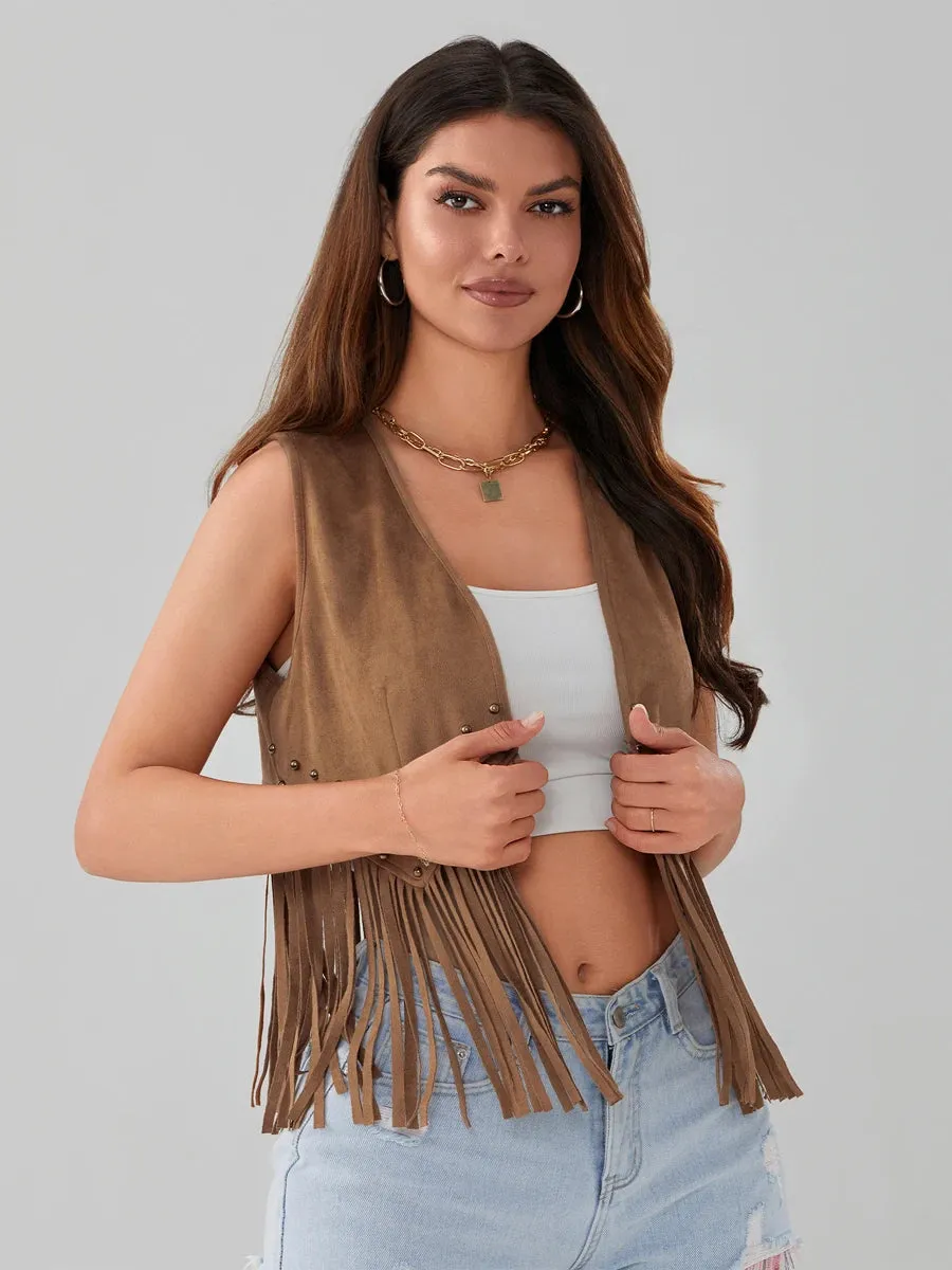 Women's Vintage Fringe Trim Open Front Vest Coat Sleeveless Cardigan Studded Tassel Jacket 70s Retro Y2k Tank Tops