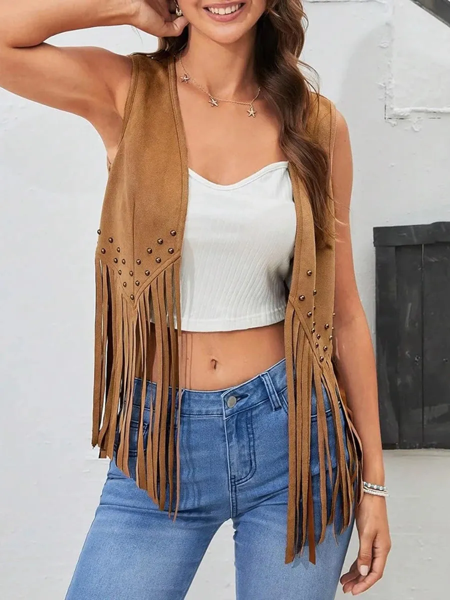 Women's Vintage Fringe Trim Open Front Vest Coat Sleeveless Cardigan Studded Tassel Jacket 70s Retro Y2k Tank Tops