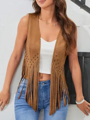 Women's Vintage Fringe Trim Open Front Vest Coat Sleeveless Cardigan Studded Tassel Jacket 70s Retro Y2k Tank Tops